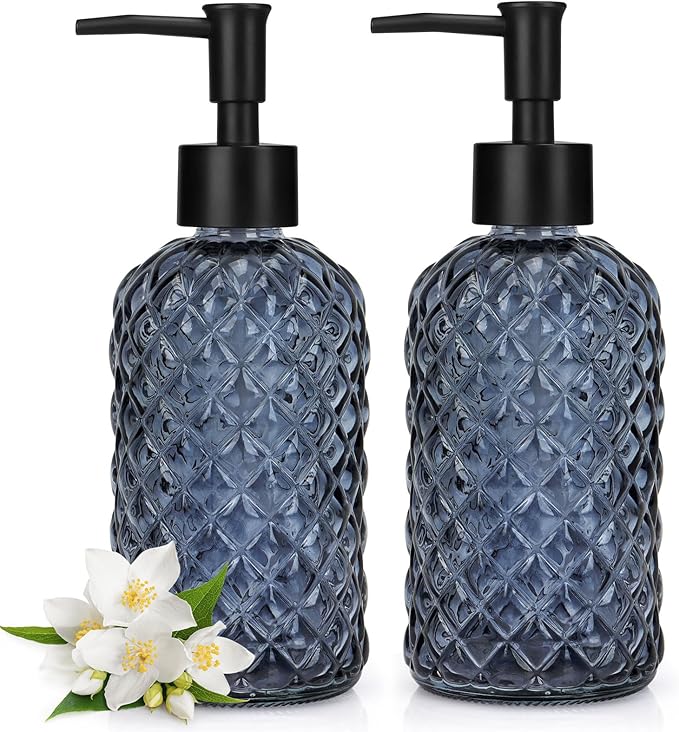 2 Pack Gem Glass Soap Dispenser with Black Plastic Pump, 13oz Liquid Hand Soap Dispenser, Rustproof Pump for Kitchen & Bathroom, Great for Lotions, Essential Oil, Liquid Soaps-Grayish Blue