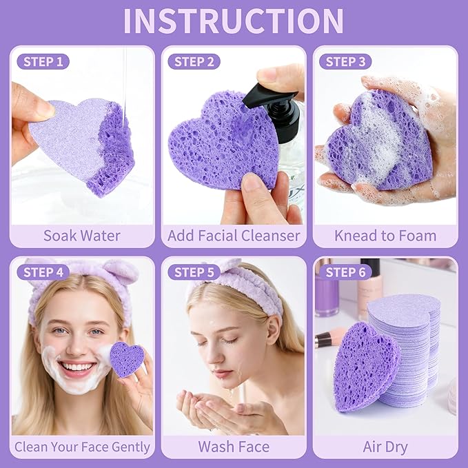 60-Count Kickleen Compressed Cellulose Heart Shape Facial Sponges | Natural Cosmetic Spa Sponges for Facial Cleansing | Exfoliating | Makeup Mask Removal | Reusable | Skin Massage (Purple)