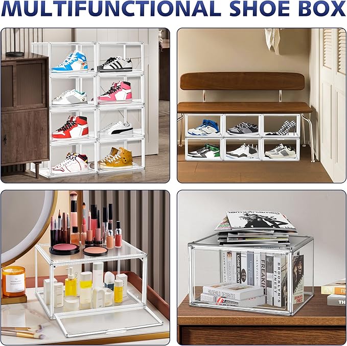 EDS FAM 12 Pack Clear Shoe Boxes for Sneakers, Size 12 Acrylic Shoe Storage Under Bed Stackable Handbag Organizer with Magnetic Lid Collection Acrylic Display Case