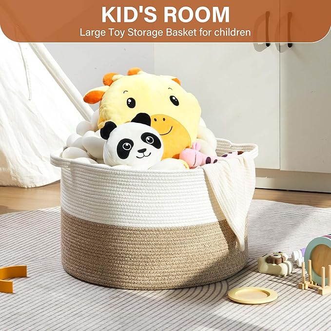 Foldable Laundry Hamper Basket with Collapsible Handle Cotton Rope Soft Woven Fabric Storage Organizer Clothes Toys Nursery Bedroom Dorm Space Saving Bin (White & Brown, 80L(21.7"D x 13.8"H))