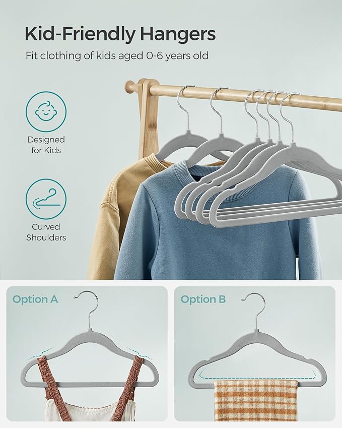 SONGMICS Baby Kids Hangers 30 Pack for Closet, 11.8 x 8.1 Inches, Silver 360° Swivel Hooks, Space-Saving Clothes Velvet Hangers for Nursery, Non-Slip, Dove Gray UCRF027G30