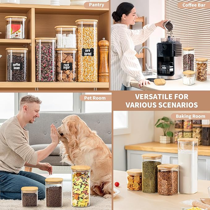 24 Oz/ 37 Oz/ 51 Oz Glass Storage Jars with Bamboo Lids - 6 Pack Clear Glass Canisters Square Airtight Stackable Ideal for Pantry Storage Containers Great for Cereal Coffee Beans Snacks etc