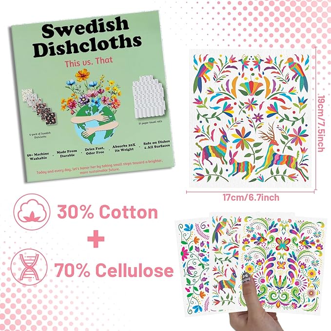 Reusable Swedish Dishcloths for Kitchen, 6PCS Mexican Talavera Otomi Cellulose Sponge Paper Towels Washable, Fast Drying Absorbent Swedish Dish Cloth for Home Cooking