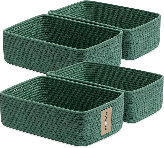 Large Shallow Organizing Baskets 15x11x5.1 Inches - Rope Woven Storage Bins for Bathroom, Shelves, Cube Closet, Green 4 Packs