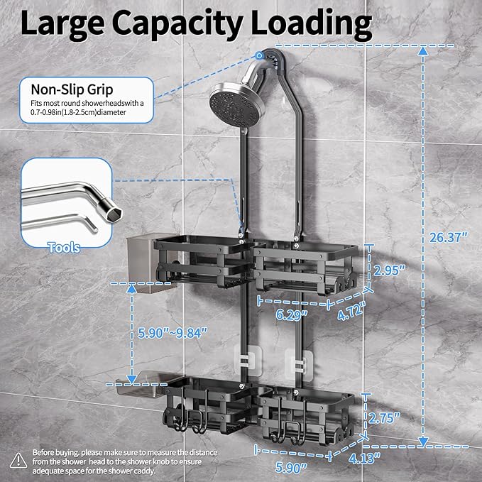 Aluminum Shower Caddy Hanging, Never Rust Shower Organizer- 4 Levels with adjustable Height 10 Hooks for Razor/Sponge - Rack with Soap Basket (Black-1)