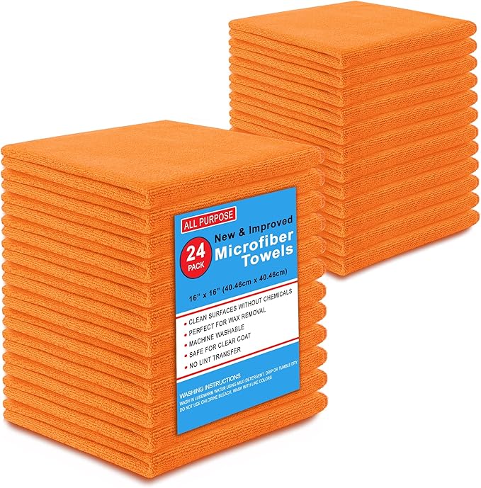 Blue Horizon Microfiber Cleaning Towels, Pack of 24, Ultra Soft Plush Washcloth, All Purpose Premium Microfiber Detailing Cleaning Cloths Reusable Shop Towels (16" x 16", Orange)