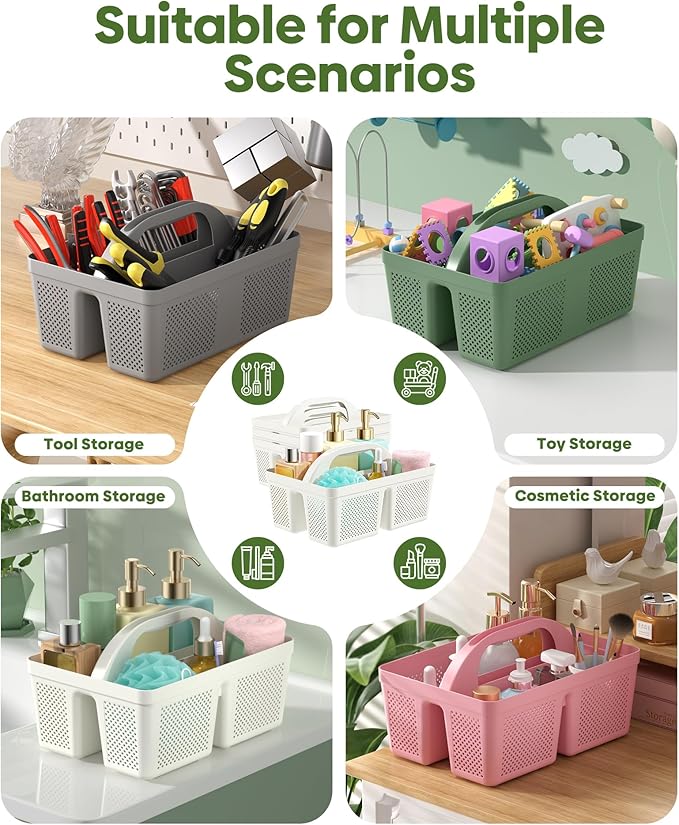 MLIKLU 4 Pack Portable Shower Caddy, Integrated Handle, Reinforced Plastic, Quick-Dry Ventilation Holes, Multi-purpose Storage Basket for Home, Dorm and Bathroom, Kitchen, Under Sink Storage, White