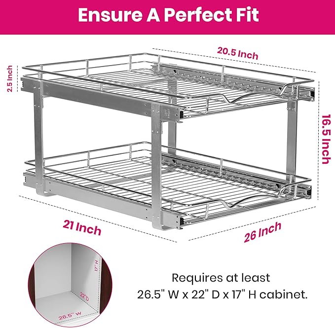 2-Tier Pull-Out Cabinet Organizer with Heavy-Duty Steel Frame, Full-Extension Sliding Shelves, Holds 100 lbs, Easy Install for Kitchen, Pantry & Under Sink Cabinets, 26" W x 21”D x 16.5" H