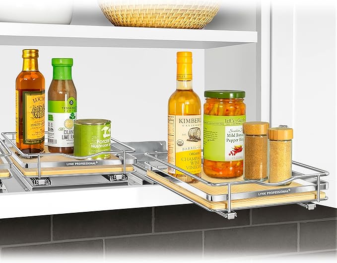 LYNK PROFESSIONAL® Élite™ Pull Out Spice Rack Organizer for Inside Kitchen Cabinets - 8-3/8 inch Wide - Slide Out Drawer – Wood/Chrome Sliding Spice Organization for cabinet - Spice Racks - 1 Tier