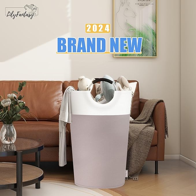 125L Laundry Basket, Collapsible Laundry Hamper with Padded Handles, Waterproof Laundry Bag, Tall Clothes Hamper Stand Up Well, Foldable Laundry Baskets for Easy Storage(Khaki)