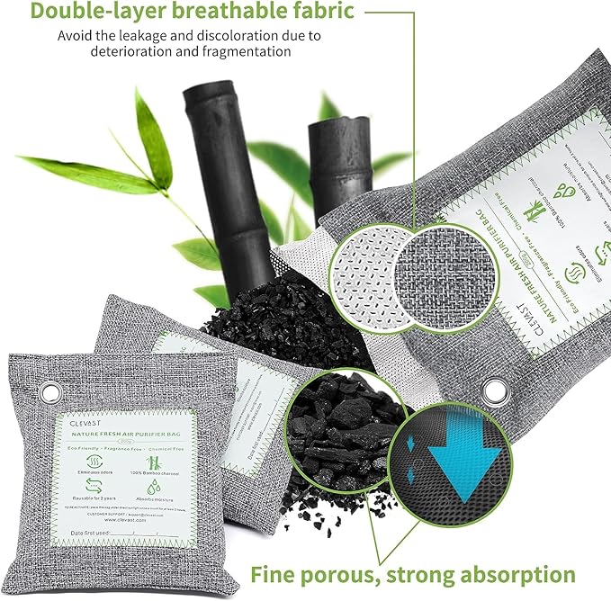 CLEVAST Bamboo Charcoal Air Purifying Bags - (Large, 4×200g), Removes Odors and Moisture, Nature Fresh Air Purifier Bags, Odor Eliminator for Home, Car, Pets, Bathroom, Basement