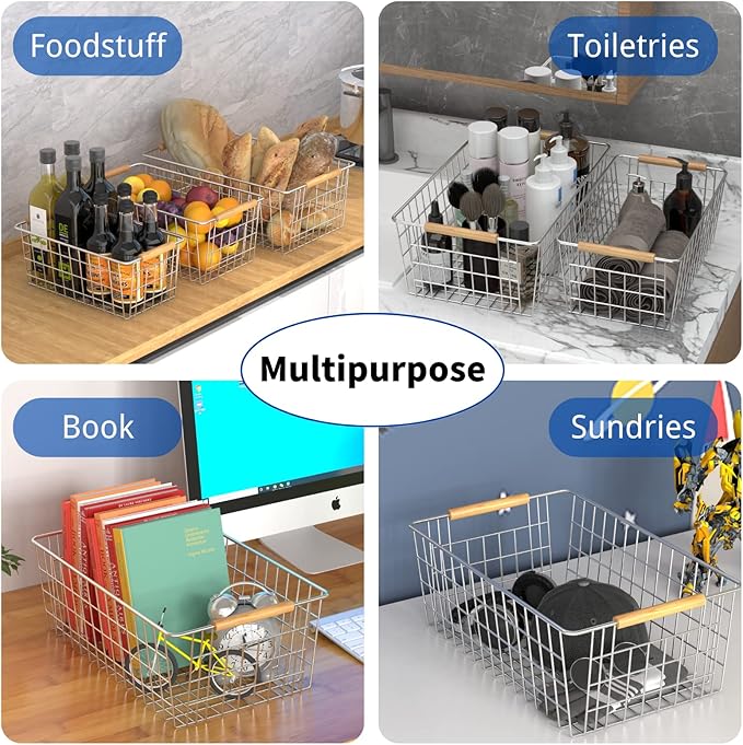 3 Pack Wire Storage Baskets for Organizing,Household Pantry Storage Freezer Baskets with Wooden Handles,Metal Storage Baskets for Bathroom, Laundry, Garage，Sliver