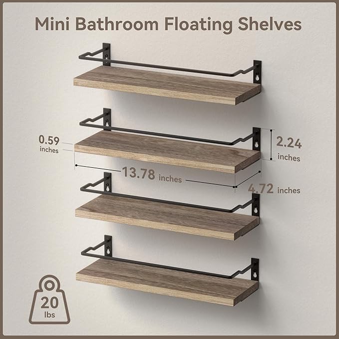 RICHER HOUSE 4-Piece Bathroom Paulownia Wood Shelves Set, Wall Mounted, Protected Guardrail, 20 lbs Weight Capacity - Carbonized Black