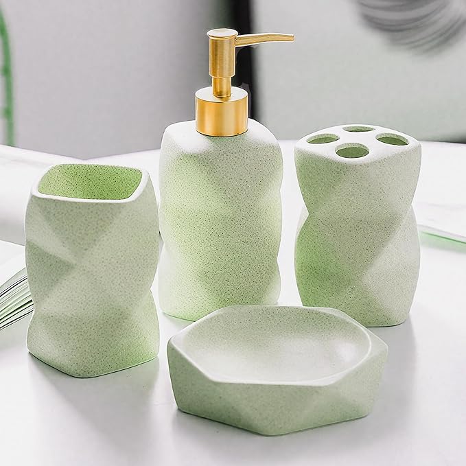 Ceramic Bathroom Accessories Set, 4-Piece Green Bathroom Set Complete with Soap Dispenser Set, Toothbrush Holder, Tumbler & Soap Dish – Bathroom Sets Accessories for Home, Apartment, Idea