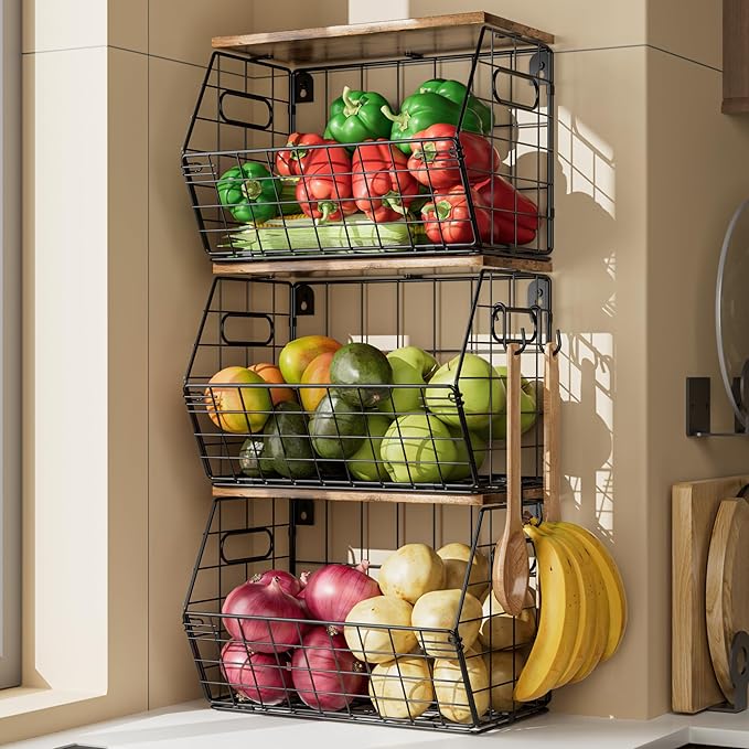 Delamu Stackable Metal Fruit Basket with Wood Lid 3 Pack, Hanging Wall Organizer for Kitchen Counter, Pantry Storage for Onions, Potatoes, Garli, Fruits, Spices, Black