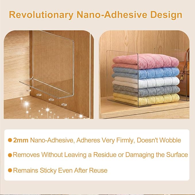 Shelf Dividers for Closet Organization: 10" Tall x 12" Deep, Adhesive Separators Features Acrylic Material and Provides Storage for Clothes and Purses in Bedroom Cabinets(8-Pack)