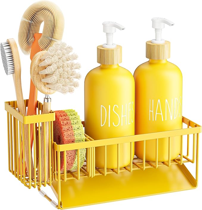 Cisily Yellow Dish Soap Dispenser Set, 16 fl Oz Dual Kitchen Soap Dispensers with Sponge Holder, Customized Stainless Steel Kitchen Soap Dispenser Set