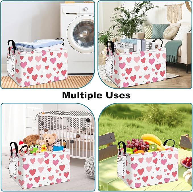 FANKANG Storage Bins,Nursery Hamper Canvas Laundry Basket Foldable with Waterproof PE Coating Storage Baskets for Boys and Girls, Office, Bedroom, Clothes,Toys(Rec-Colorful hearts ）