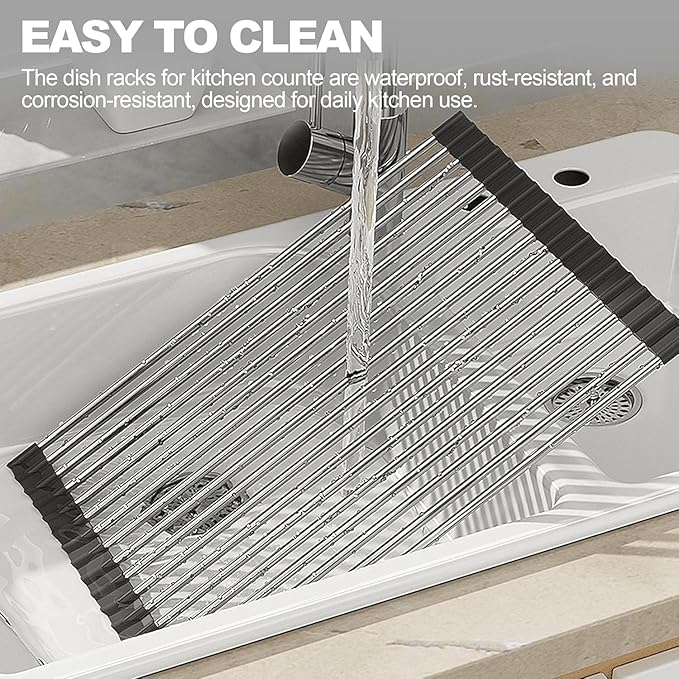 NEZUIBAN Dish Drying Rack with Roll Up and Over Sink for Kitchen,20.5"x13.8",Black
