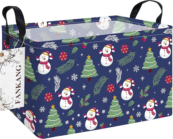 FANKANG Storage Bins,Christmas Nursery Hamper Canvas Laundry Basket Foldable with Waterproof PE Coating Storage Baskets for Boys and Girls, Office, Bedroom,Toys(Rec-Christmas snowman ）