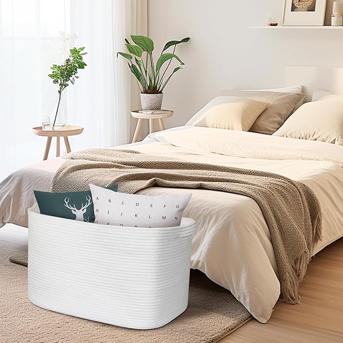 Extra Large White Storage Basket, 23.6" x 17" x 12" Rectangle Blanket Storage for Living Room, White Woven Cotton Rope Basket, Big Kids Toy Box Bin, XXXL Wicker Laundry Baskets for Organizing