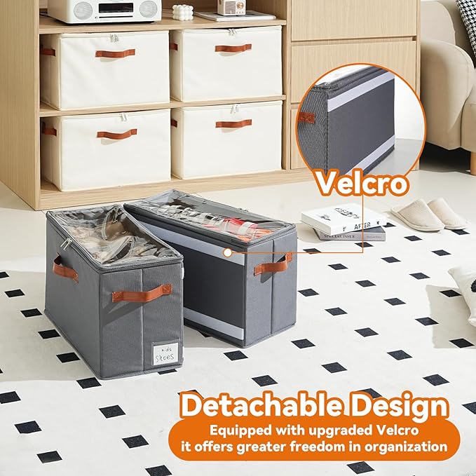 2 Pack Shoe Organizer for Closet, Foldable Shoe Storage Organizer with Adjustable Dividers and Clear Cover, Stackable Fabric Closet Shoe Organizer Storage Box Fits 16 Pairs, Gray