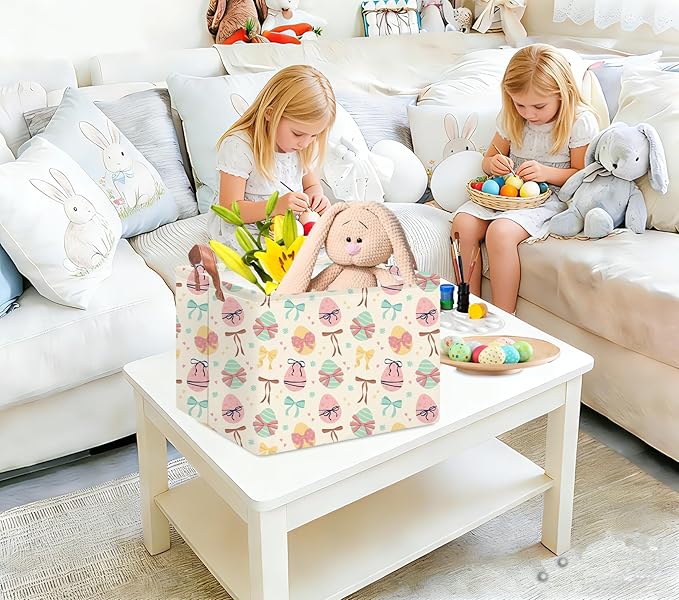 Rectangular Storage Basket Empty,Storage Bin with Handles,Room Decor,Gift Basket,Book Box(Bowknot Easter)