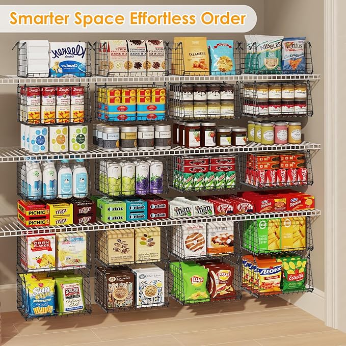 3-Pack Under Shelf Hanging Baskets - Space Saving Pantry Shelf Organizer with 360° Rotating Hooks for Kitchen Storage, Foldable Small Space Solutions for Pantry Organization, Black
