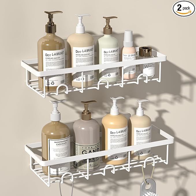 White Shower Caddy Organizer, 2 Pack Adhesive Shampoo Holder Basket Shelves for Storage and Organization, Wall Suction Bath Bathtub Rack Set for RV Camper, Bathroom Restroom Decor and Accessories