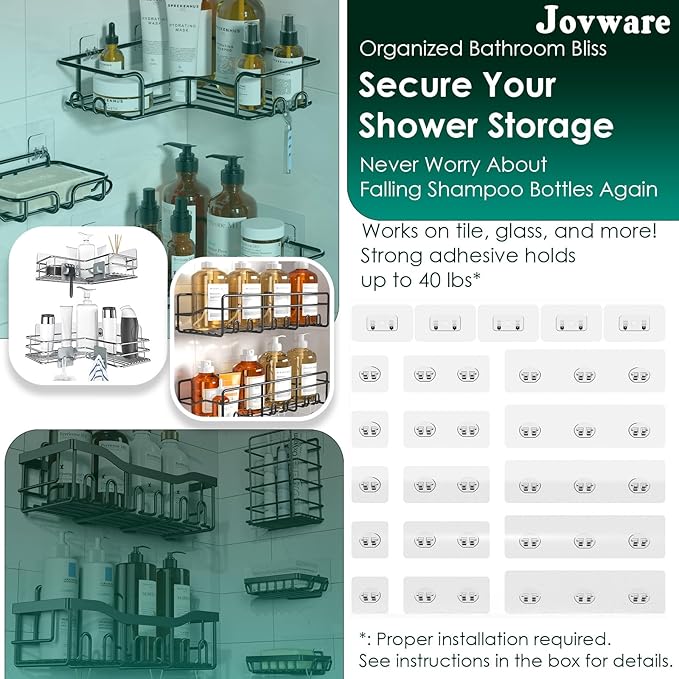 Jovware 20 Pack Shower Caddy Adhesive Replacement, Strong Waterproof Adhesive Hooks, No Drilling Required, Multi-Purpose Adhesive Hooks for Shower Caddy, Shelf, Rack, Kitchen, Bathroom