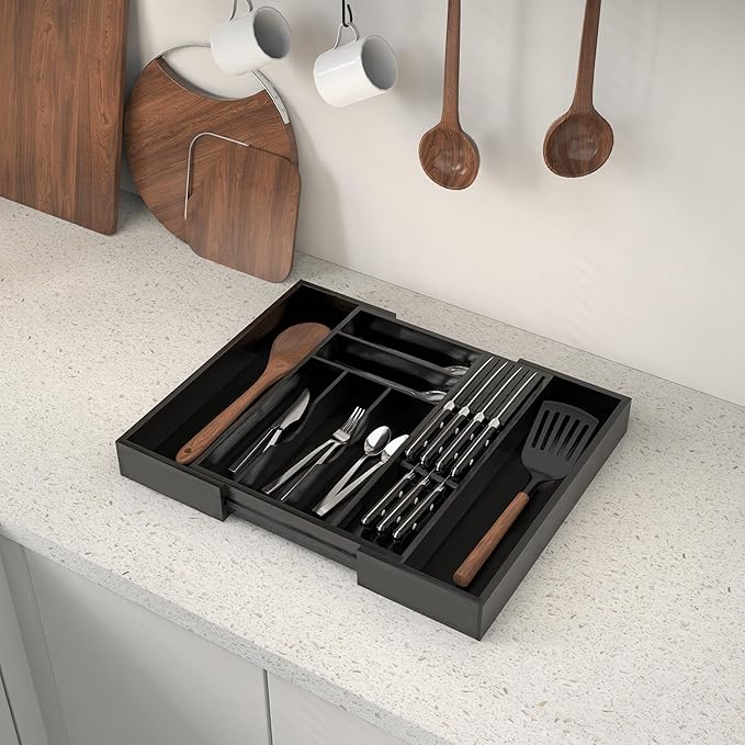 Bamboo Kitchen Drawer Organizer, Expandable Silverware Organizer with Removable Knife Block, 6-8 Slots- Utensil Holder & Cutlery Tray Drawer Dividers, 2.36" Deep for Extra Capacity, Black