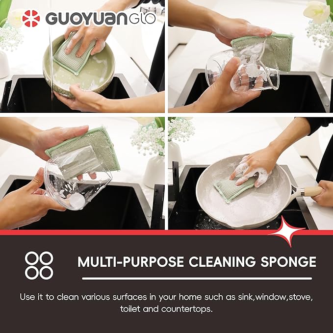 Bamboo Kitchen Sponges Heavy Duty Natural Cleaning Sponges Non-Scratch Dish Sponge for Dishes, Pots and Pans-Green,6 Pack