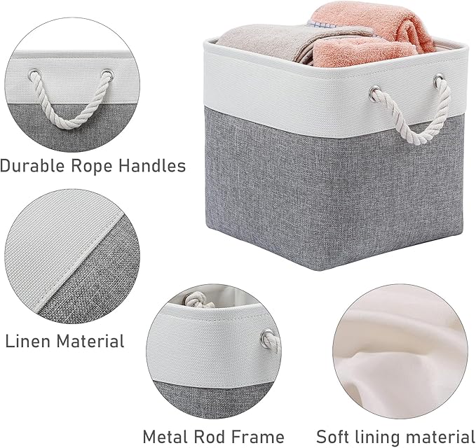 13 x 13 Inch Cube Storage Bins, 6 Pack Extra Large Collapsible Fabric Storage Bin with Ropes, Foldable Storage Cubes for Home (White & Grey-13"x13"x13")