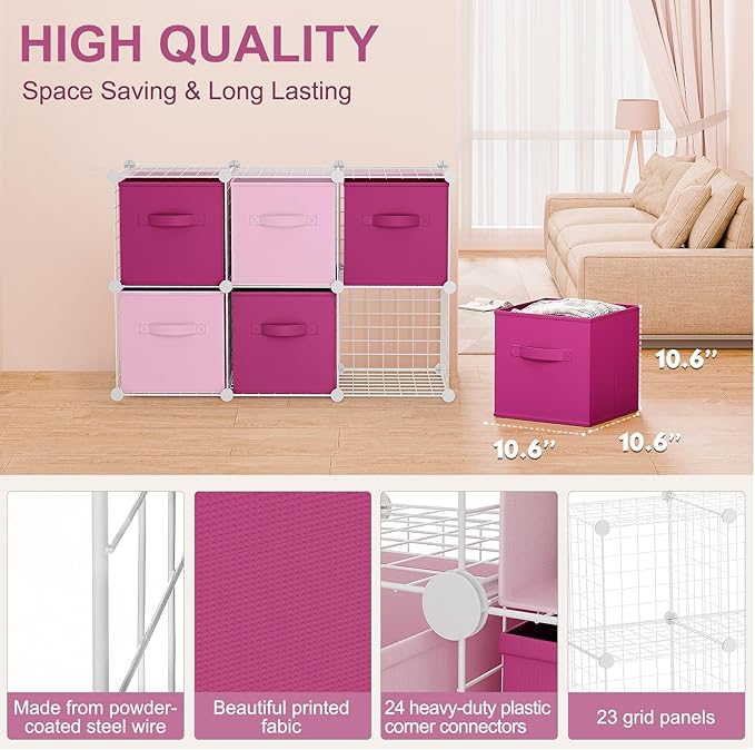 Leinuosen 6 Cube Storage Organizer with Fabric Bins, Wire Grid Stackable Shelves, Drawer Closet Organizer, Modular Storage Units for Bedroom Living Room Office Clothes Toys Crafts(White,Pink)