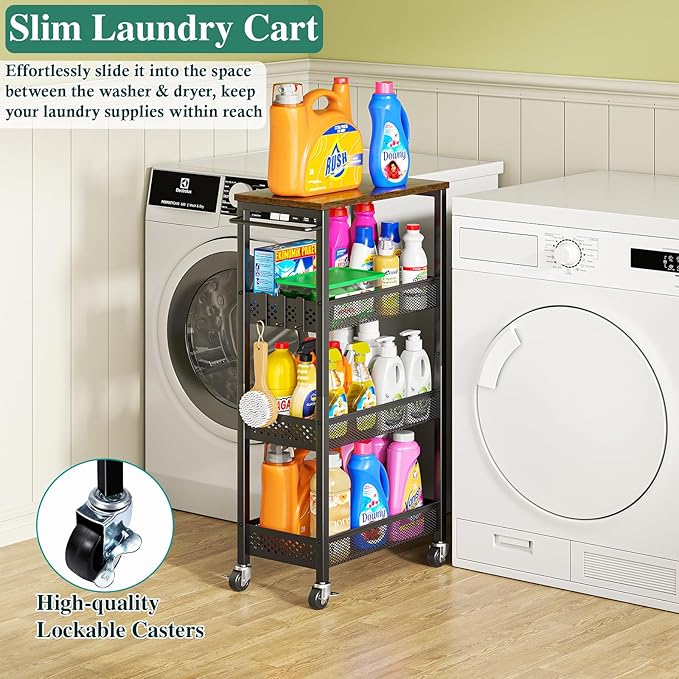 Utility Slim Storage Cart, 4-Tier Narrow Bathroom Organizer and Storage Cart, Metal Narrow Kitchen Laundry Room Organization Rack with Wood Top, Slim Rolling Shelf with Wheels for Small Space