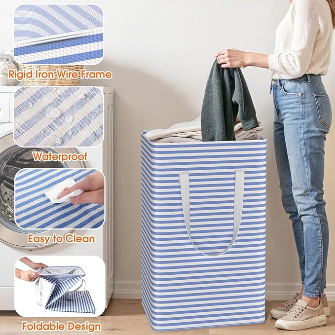3 Pack Large Laundry Basket,Waterproof & Freestanding Laundry Hamper,Collapsible Clothes Hampers with Easy Carry Long & Reinforced Handles in Bathroom,College Dorm(100Lx3,Blue)