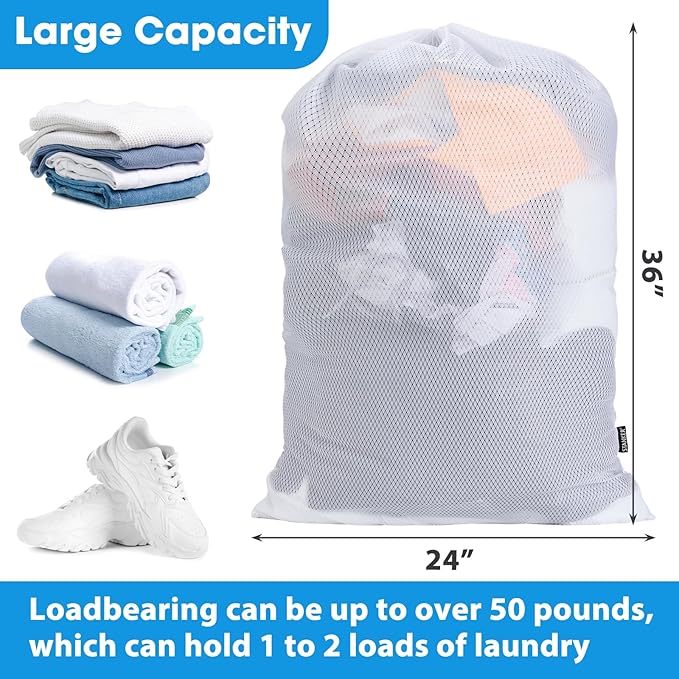 2Pack XL Heavy Duty Mesh Laundry Bags, Machine Washable Large Dirty Clothes Organizer with Drawstring, Fits Laundry Baskets or Hampers Essentials for Dorm, College, Travel, Camp, Sport - 24" x 36"