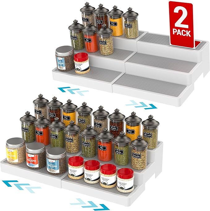 YAN & HIN Pack of 2, 3-Tier Spice Rack, Expandable and Non-Skid tiered Shelf, Medicine Cabinet Organizers, pantry organizers, and Seasoning Organizer, Canned Food Organizer