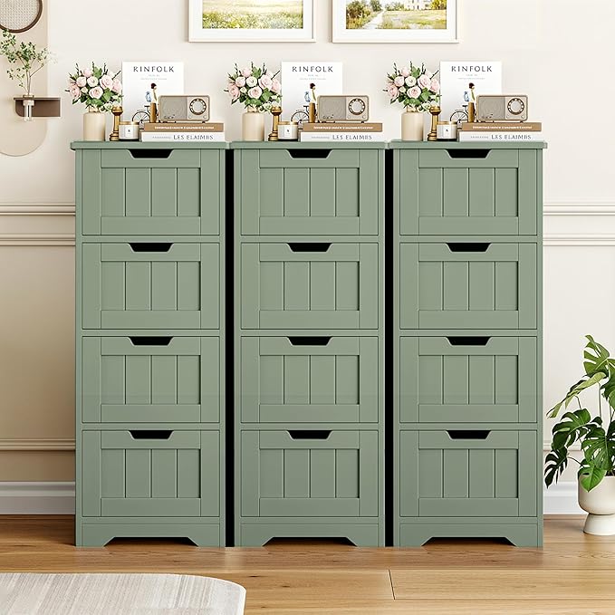 FOTOSOK Bathroom Storage Cabinet Set of 2, Bathroom Cabinet with 4 Drawers, 11.8” x 11.8” x 32.5” Freestanding Entryway Cupboard Storage Organizer Unit Home Furniture Decor, Green