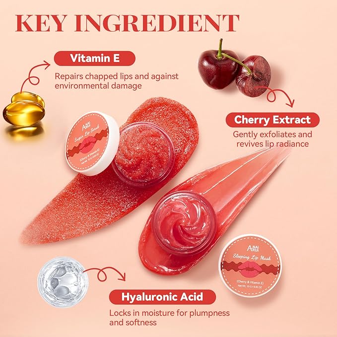 ANAI RUI Cherry Lip Scrub & Lip Mask Set, Vitamin E, Lip Scrub For Women, Lip Scrubber Exfoliator, Hydrating Lip Mask Overnight, Sugar Scrub for Dry Chapped Lips, Lip Care Set for Women