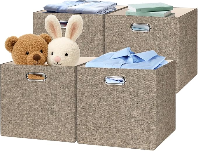 Posprica Collapsible Storage Bins,13×13 Foldable Storage Cube Boxes Fabric Drawer Fabric Storage Bins Vinyl Record Light Coffee, 4 Pack