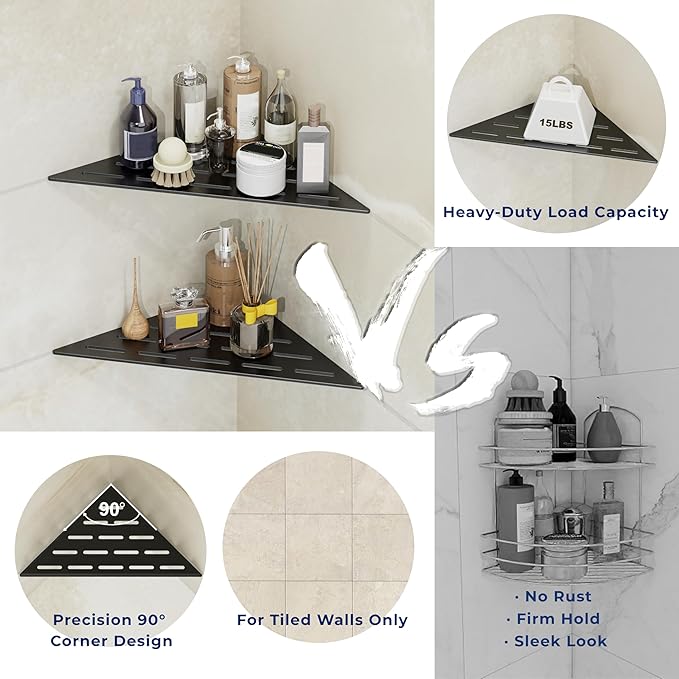 Peaktrivol Corner Shower Caddy Shelf, Recessed Built-in Bathroom Storage for Tiled 90° Walls, Matte Black 304 Stainless Steel, Set of 2