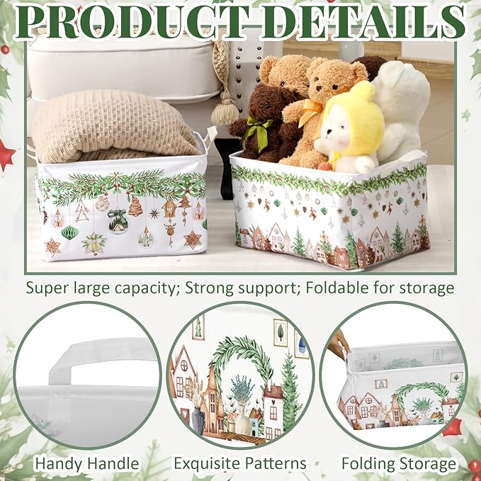 4 Pack Christmas Storage Bin Collapsible Large Christmas Storage Baskets for Gifts Xmas Tree Canvas Laundry Basket Foldable Box with Handle for Office Home Bedroom Clothes Toys Holiday Decor