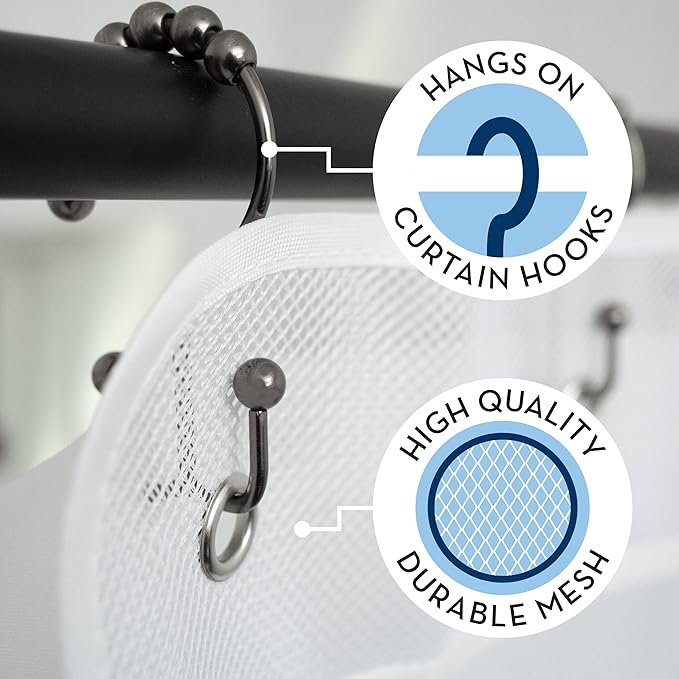 S&T INC. Shower Organizer, Shower Caddy or Bathroom Organizer with Quick Drying Mesh, 7 Pockets to Hold Shampoo, Soap, Loofah, and Cruise Ship Essentials, 14 Inch by 30 Inch, White, 1 Pack