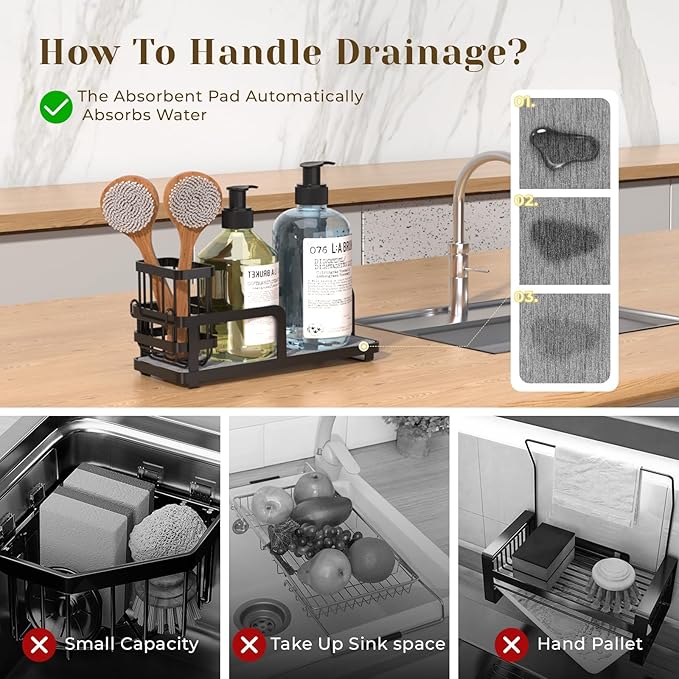 Kitchen Sink Caddy Organizer for Instant Dry, Rustproof Sponge Holder & Dish Soap Tray with Diatomaceous Earth, Countertop Brush Storage,10.2" X 4.7" X 4.1",Black