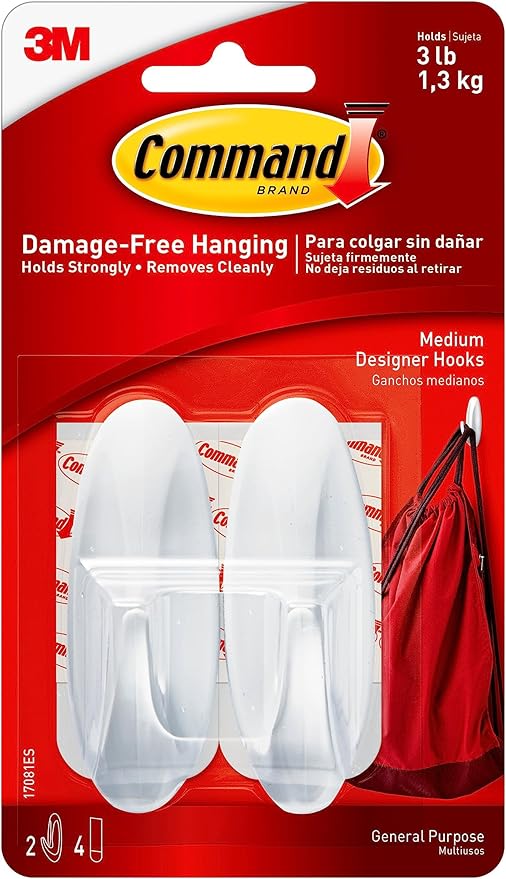 Command Medium Designer Hooks, 2 Hooks and 4 Strips, Damage-Free Hanging Wall Hook with Adhesive Strips, No Tools Great for Hanging, Organization and Storage, Holds up to 3 lb