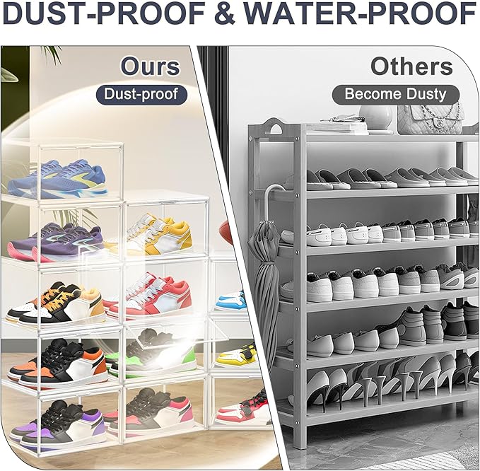 14 Pack Clear Shoe Boxes Size 12 Shoe Storage Organizer for Closet Stackable Shoes Rack Handbag Organizer Plastic Sneaker Storage Bin with Magnetic lids
