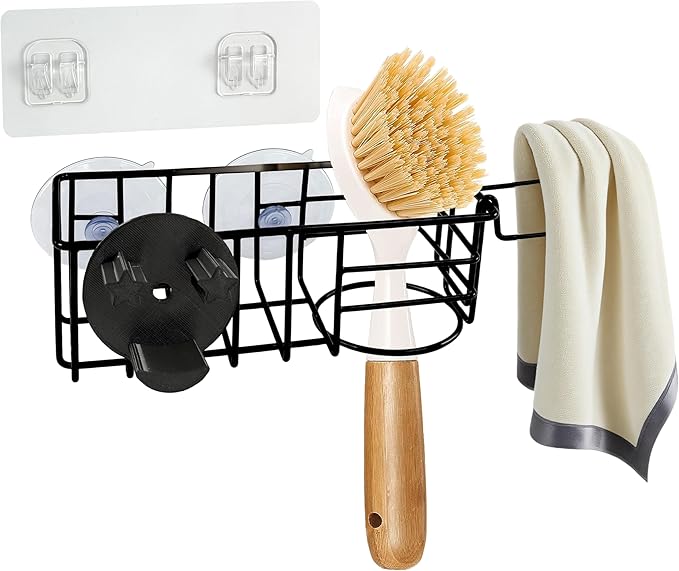 Sponge Holder Smile Face with Dish Cloth Hanger for Kitchen Sink, In-sink Caddy Organizer with Suction Cups & Adhesive Strips, Rustproof Sponge Rack for Soap, Brush, Scrubber - Black