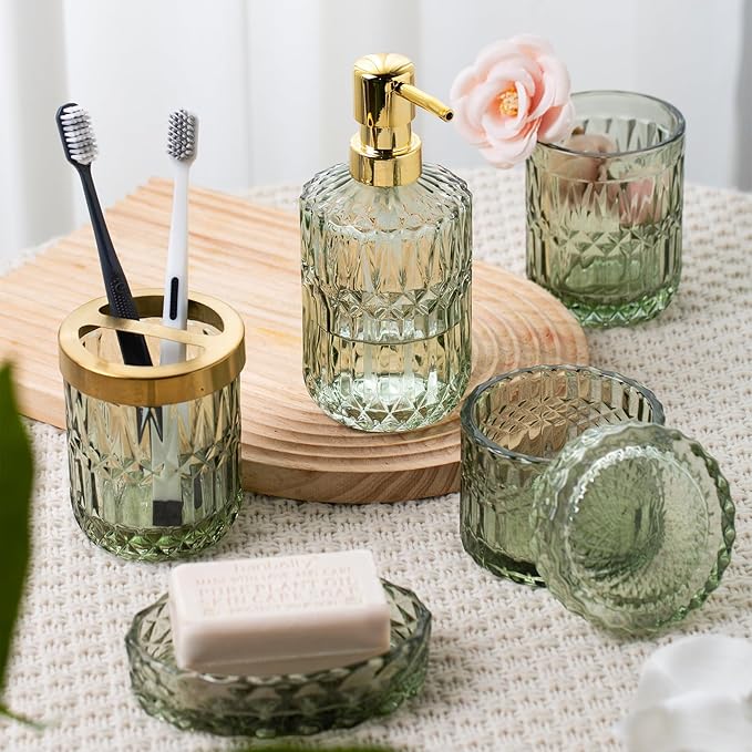 Bathroom Accessory Set 5 Pcs, Glass Bathroom Set Include Soap Dish, Toothbrush Holder, Mousewash Cup, Soap Dispenser, Cotton Swab Jar, Green