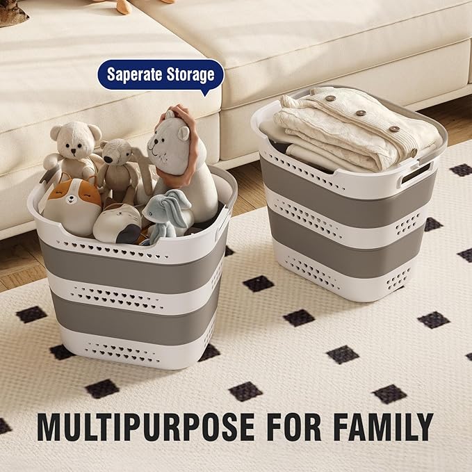 Collapsible Plastic Laundry Basket Hamper with Handles, Large 42L Portable Rubber Clothes Basket, Pop Up Storage Container/Organizer for Washing & Storage, Grey